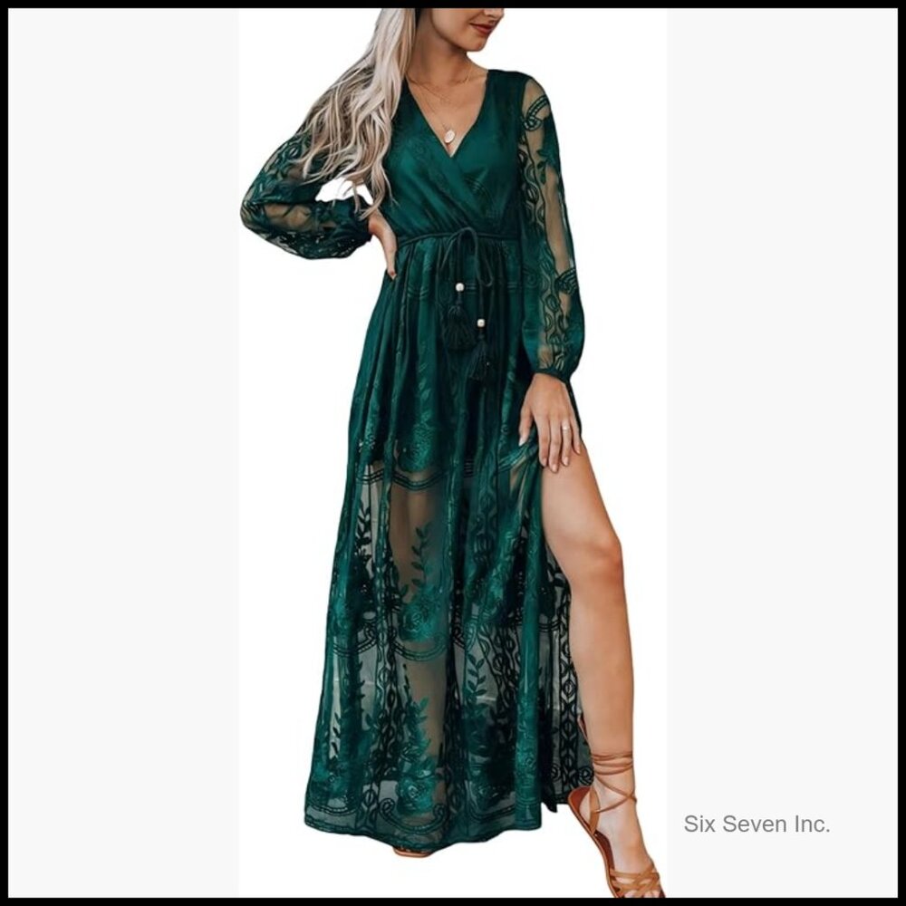 V Neck Floral Embroidered Lace Maxi Dress Long Sleeve Formal